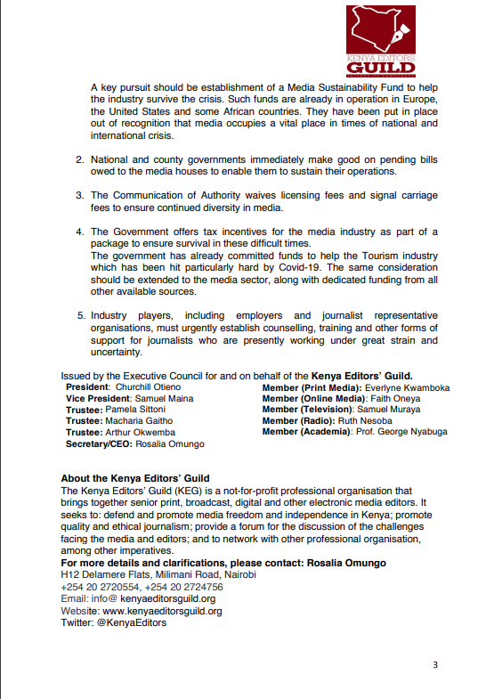KenyaEditors's tweet photo. MEDIA RELEASE
The State of Kenya Media: Journalism in Peril
@KenyaEditors notes with concern difficulties facing the Kenya Media since onset of the Covid-19 pandemic.The media has not been spared the global economic depression resulting from the pandemic.#JournalismInPeril https://t.co/IgtDSuq50I
