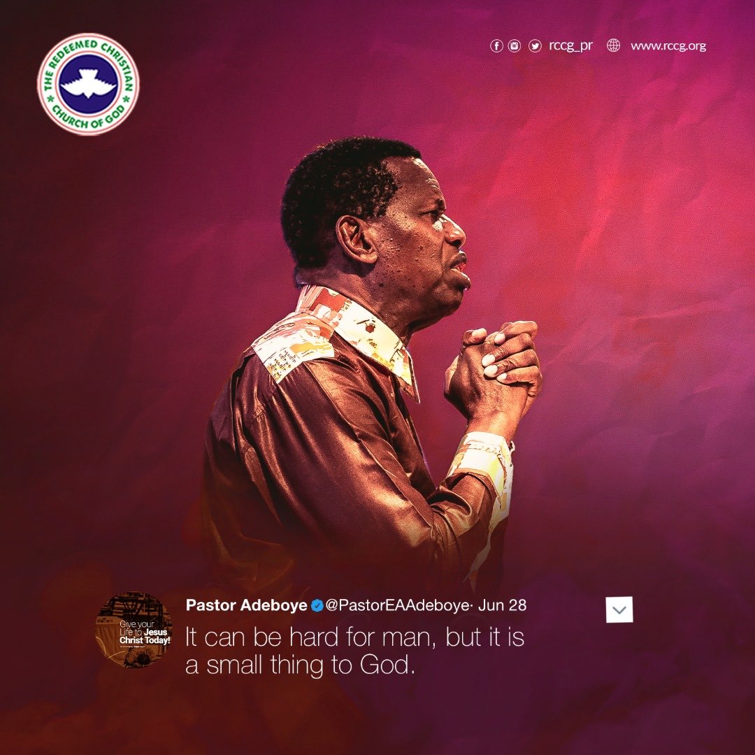 ohtelevision's tweet photo. It can be hard for man, but it is a small thing to God.
- Pastor E. A. Adeboye
RCCG Special Sunday Service
#LockdownToLeapingUp3 https://t.co/lpaU9BO8gx