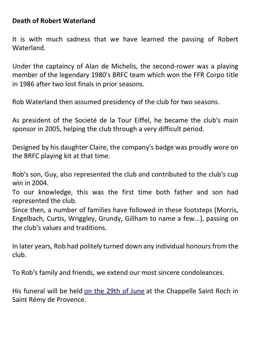 BritishRFCParis's tweet photo. Death of Robert Waterland

It is with much sadness that we have learned the passing of Robert Waterland. https://t.co/nEfZ9Bvt3g
