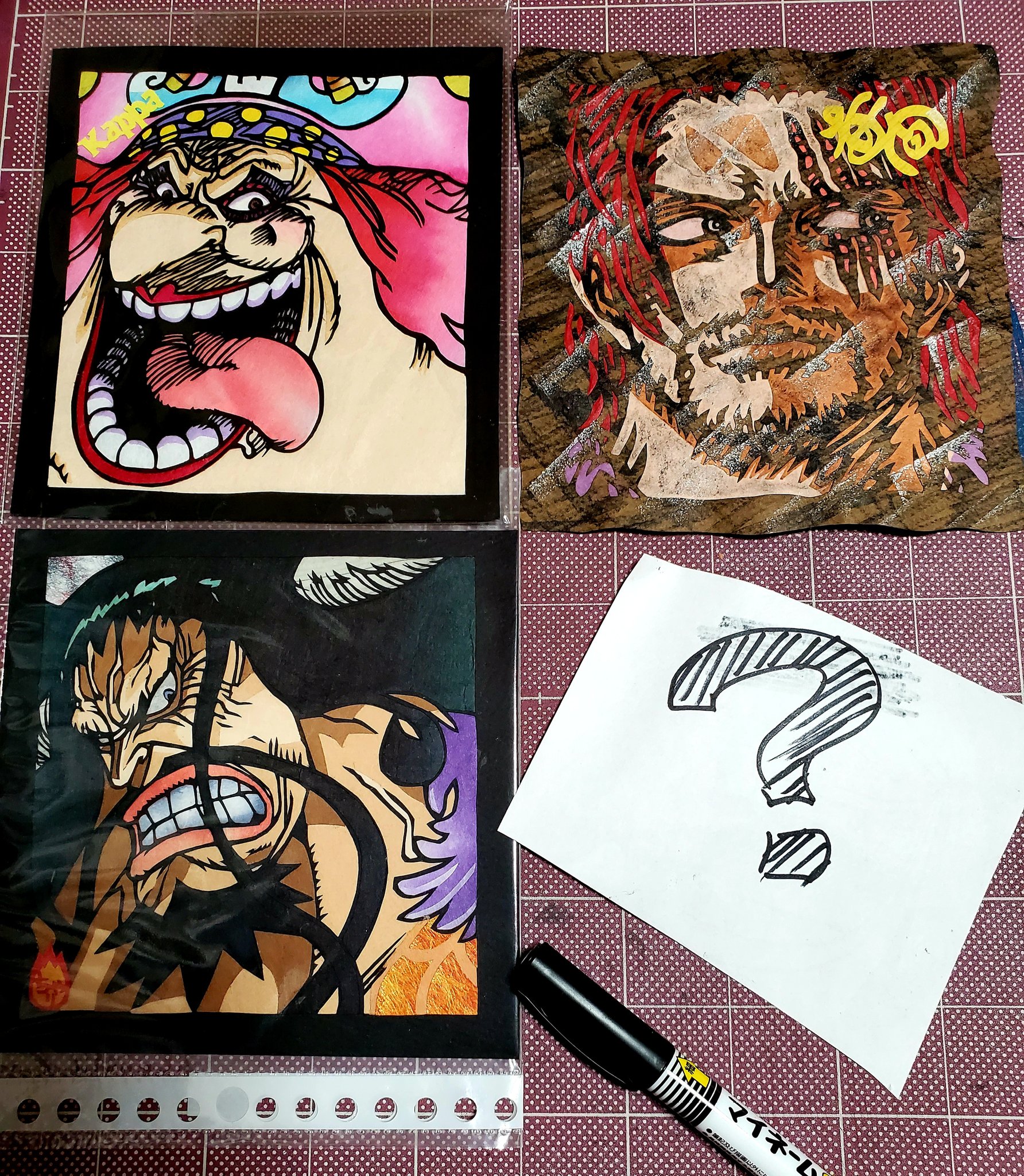 ワンピ切り絵の赤間 ビッグ マム海賊団シャーロット リンリンを切った カッパさん Kazurindagane 百獣海賊団カイドウを切った ちゃりさん Chariansetzer 黒ひげ海賊団マーシャル D ティーチを切ったは カリスマ海苔ぴろ師さん Nori Piroshi