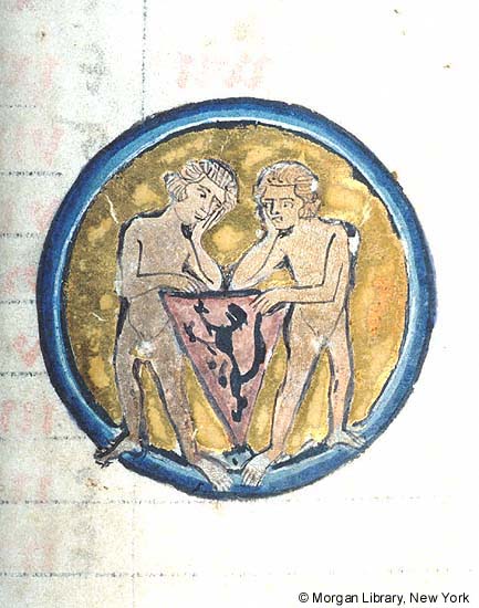 A *lot* of medieval Gemini images are just two naked dudes blatantly staring at each other's dicks. (BnF, MS Latin 12834, f. 49; Morgan Lib, MS m92, f. 017r; Morgan Lib, MS g14, f. 007v)