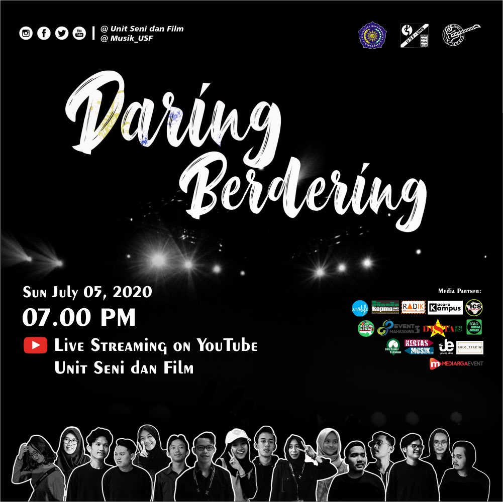 Kali ini MUSIK-USF akan mempersembahkan Garapan Musik Ansambel “DARING BERDERING” dengan tema Pandemi Berekspresi
yang akan ditayangkan pada :
🗓Minggu, 5 Juli 2020
🕖Pukul 19.00 WIB - selesai
💿Live streaming on YouTube Unit Seni dan Film
#kabarkertasmusik