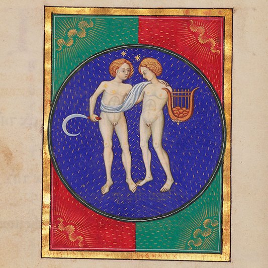 A *lot* of medieval Gemini images are just two naked dudes blatantly staring at each other's dicks. (BnF, MS Latin 12834, f. 49; Morgan Lib, MS m92, f. 017r; Morgan Lib, MS g14, f. 007v)