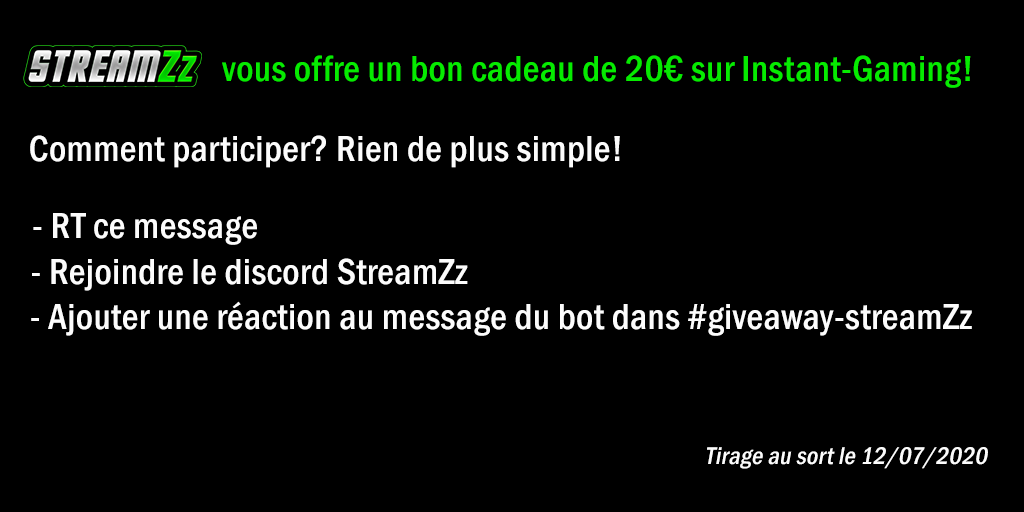 StreamZzCommu's tweet photo. Nous avons atteint les 100 membres sur #discord! 

Pour l'occasion, voici un petit #Giveaway qui va vous permettre de remporter un bon cadeau de 20€ offert par StreamZz sur @InstantGamingFR! 

Pour rejoindre StreamZz, c'est ici: https://t.co/CjRLNjP5Qs https://t.co/moLHmEtYMA