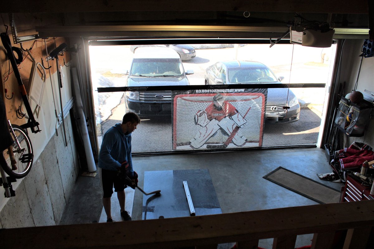 When it's raining you can keep shooting pucks on The SportScreen from inside your garage -  just move your target to the other side!  🏒🏠 Vehicles and garage doors are safe from blistering shots. Check it out on  thesportscreen.com today!  #HockeyatHome  #thesportscreen