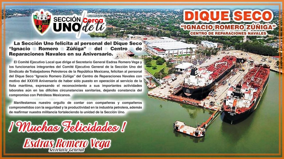 EsdrasPrimero's tweet photo. Felicito al personal del Dique Seco “Ignacio Romero Zúñiga” del Centro de Reparaciones Navales con motivo de su Aniversario. Esdras Romero Vega. https://t.co/uKAriJTu8x