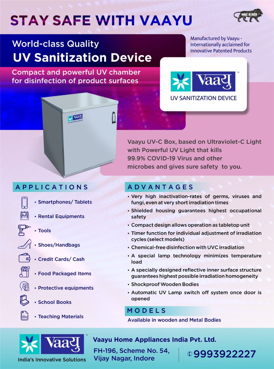 pmokshmar's tweet photo. #Vaayu Presents #UVCBox Sanitization / Sterilization Box. Designed on #International Standard. Stay Safe all over
#ultraviolet #art #uv #sun #color #violet #neon #blue #sunprint #cianotipia #blueprint #purple #water #media #PMOIndia #businessowners #IIID #COVID19 https://t.co/TTHGKLY8XO