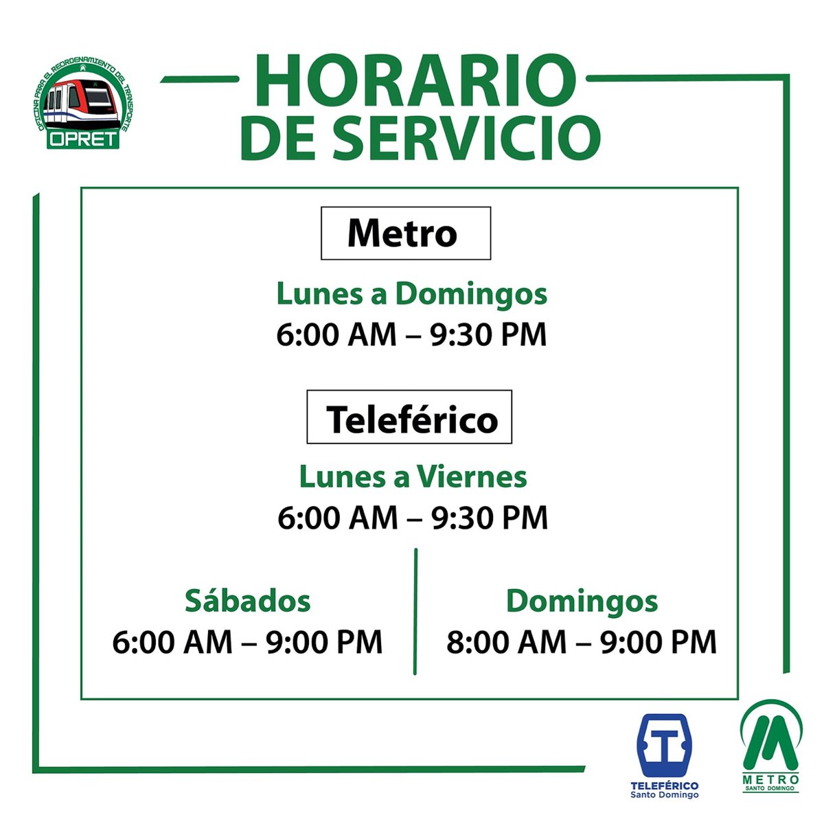 Informamos a nuestros usuarios el nuevo horario extendido del Sistema de Transporte Integrado <a href="/MetroSD_RD/">Metro de Santo Domingo</a> - #TeleféricoSD. #CuidándoteRDseMueveMejor 🚇🚡🇩🇴