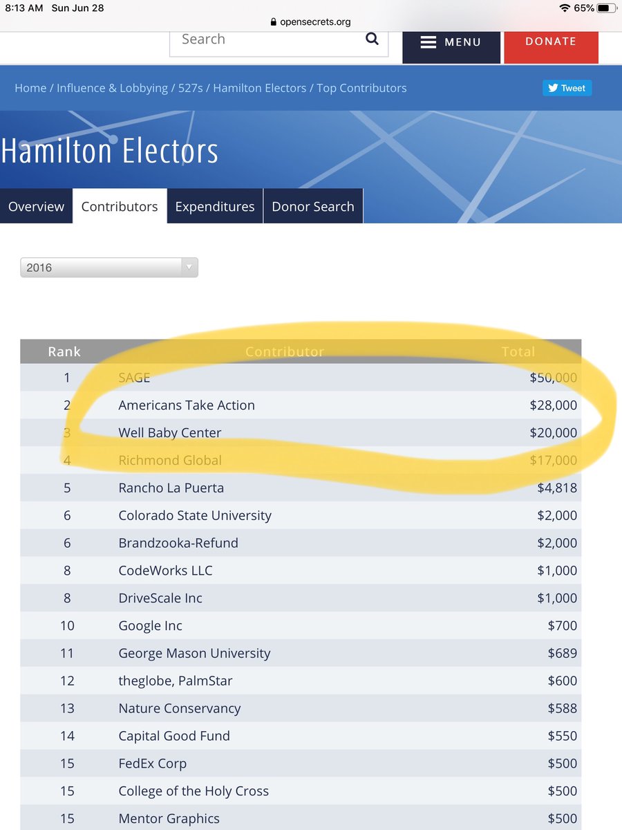 Back to Hamilton Electors. Americans Take Action and they sent money back and forth. Someone should check this out. Open Secrets.  https://www.opensecrets.org/527s/527cmtedetail_expends.php?ein=814531341&cycle=2016