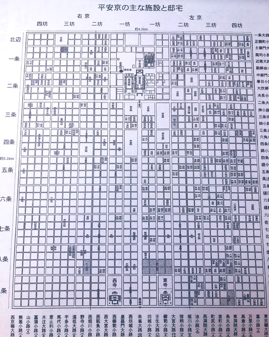 資料漁りしてて平安京創生館でもらった平安京施設&amp;邸宅配置図で話題になってた西三条第を確認。平城京と比べると比定地多くて羨ましいな。平安京での神泉苑が平城京の長屋王邸辺りですね。 