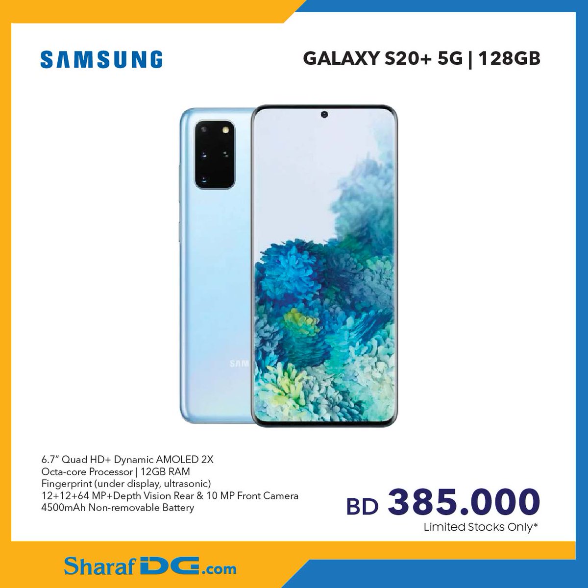 SharafDGBahrain's tweet photo. Pice Drop on Galaxy S20Plus 128GB/ Limited Stocks Only*
#samsung #samsunggalaxys20plus #bahrain #bahrainoffers https://t.co/St00uKiGKt