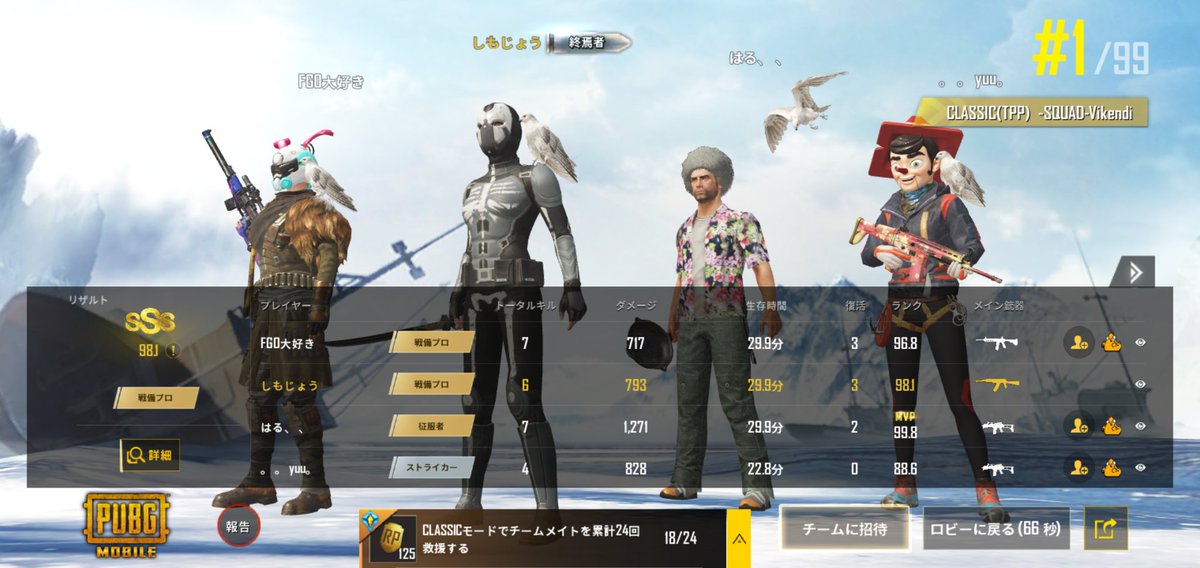 しもじょう V Twitter Pubg Mobile ヴィケンディ 野良スクワッド 味方が突撃タイプの人たちで 漁り不足で弾が無くなったりして苦労した でも1人の敵に壊滅されかけたりして けっこう味方がダウンするシーンが多かったからミッションの 累計24回救援する が少し進ん