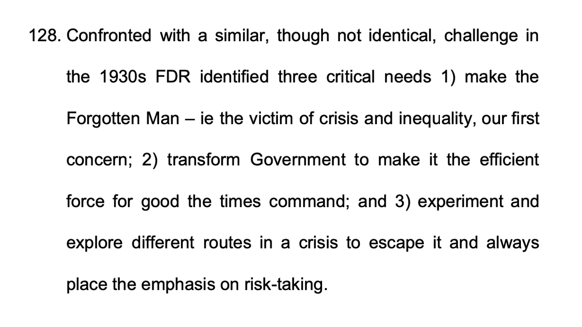 Back to the radical thinking: foregrounding the 'forgotten man' and doing better analytics are two of Gove’s New Deal pillars. (I can see FDR writing this down carefully.) The third pillar is “experimentation”.