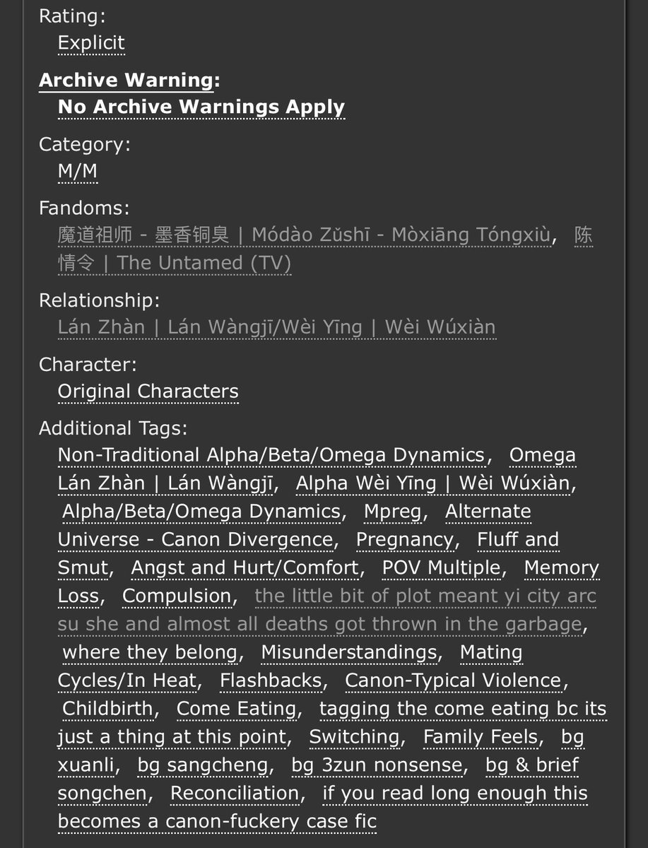 something new, something white, something blue - wangxian a/b/o au explicit | WIP | 134k (so far) inspired work miscommunication until ch. 6 then it’s horny, character/relationship exploration & eventual case-fic-esquelink:  https://archiveofourown.org/works/22783021/chapters/54442963