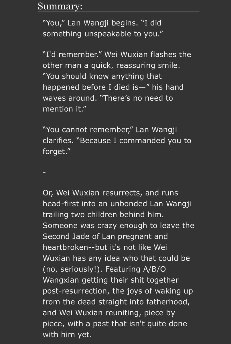 something new, something white, something blue - wangxian a/b/o au explicit | WIP | 134k (so far) inspired work miscommunication until ch. 6 then it’s horny, character/relationship exploration & eventual case-fic-esquelink:  https://archiveofourown.org/works/22783021/chapters/54442963