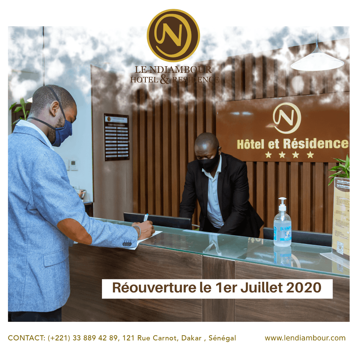 C'est officiel ! 🙌

Après plusieurs mois de fermeture suite à la situation liée à la Covid-19, <a href="/ndiambourhotel/">Le NDIAMBOUR Hôtel et Résidence</a> ré-ouvre ses portes à la clientèle. 😍

Un dispositif sanitaire a été mis en place dans le but de vous assurer une "safe zone" et éviter tout risque de contamination.
