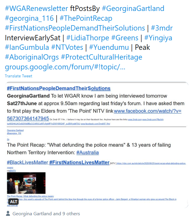 WgarNews's tweet photo. @TrishBarron @georgina_116 @LennaLeprena @lynlinking @JonesHowdareyou @anne_clothier @Michz45 @WhteRbbnAdvocat @LadyPoop2 @janettj777 @FatherBob @RachelQuayle08 #AboriginalNTIntervention #13LongYears of #RacialDiscrimination rebadged as so-called '#StrongerFutures' | #FullConversationNext24hrs on '#concernedAustralians' https://t.co/yg96u77fmK | #GeorginaGartland #georgina_116 @georgina_116 https://t.co/dFWj4Rf9jr https://t.co/zv8Ep0YtQb https://t.co/GHKvHQhSJn