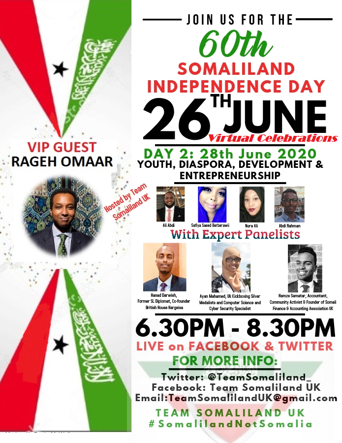 TeamSomaliland_'s tweet photo. Our 26th June Somaliland Independence Day Celebrations continue with Day 2 of our expert panellists and discussions about Youth, Diaspora, Development &amp; Entrepreneurship 😎 with our VIP Guest @ragehomaar  joined by @ayaaneeeee @HanadDarwish @HamzeSamatar🌟Tune in at 6.30pm LIVE🥳 https://t.co/8uMiTJ844V