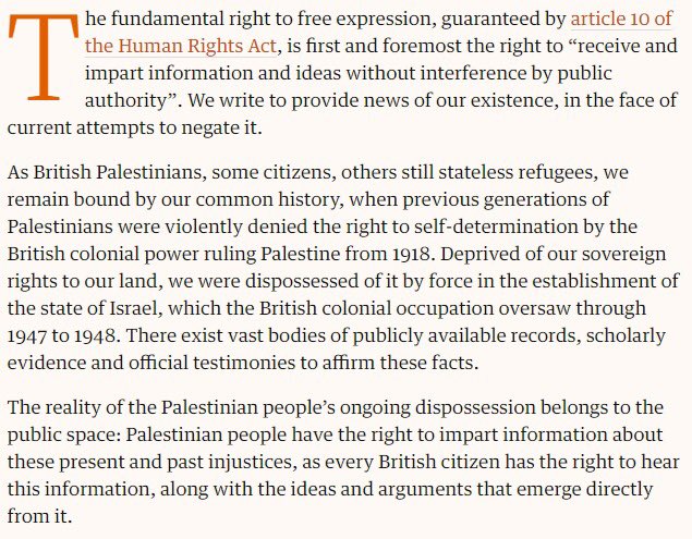 British Palestinians called for the active protection and promotion of "accurate information about current and past events in the life of the Palestinian people, as part of Britain’s ongoing, and outstanding, colonial debt."  https://www.theguardian.com/world/2018/jul/31/palestinians-in-the-uk-speak-out-for-the-right-to-freedom-of-speech