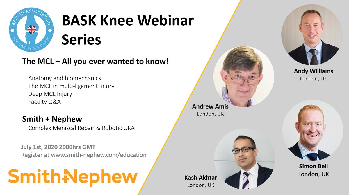Chloe EH Scott (@edinburghknee) on Twitter photo Excellent line up of speakers for the third #BASK webinar Wednesday 1st July 0800 GMT
“All you ever wanted to know about the MCL” followed by sessions from <a href="/SmithNephewPLC/">Smith+Nephew</a> on robotic #UKA and meniscal repair
Open to non-members
Register at zoom.us/webinar/regist… Excellent line up of speakers for the third #BASK webinar Wednesday 1st July 0800 GMT
“All you ever wanted to know about the MCL” followed by sessions from <a href="/SmithNephewPLC/">Smith+Nephew</a> on robotic #UKA and meniscal repair
Open to non-members
Register at zoom.us/webinar/regist…