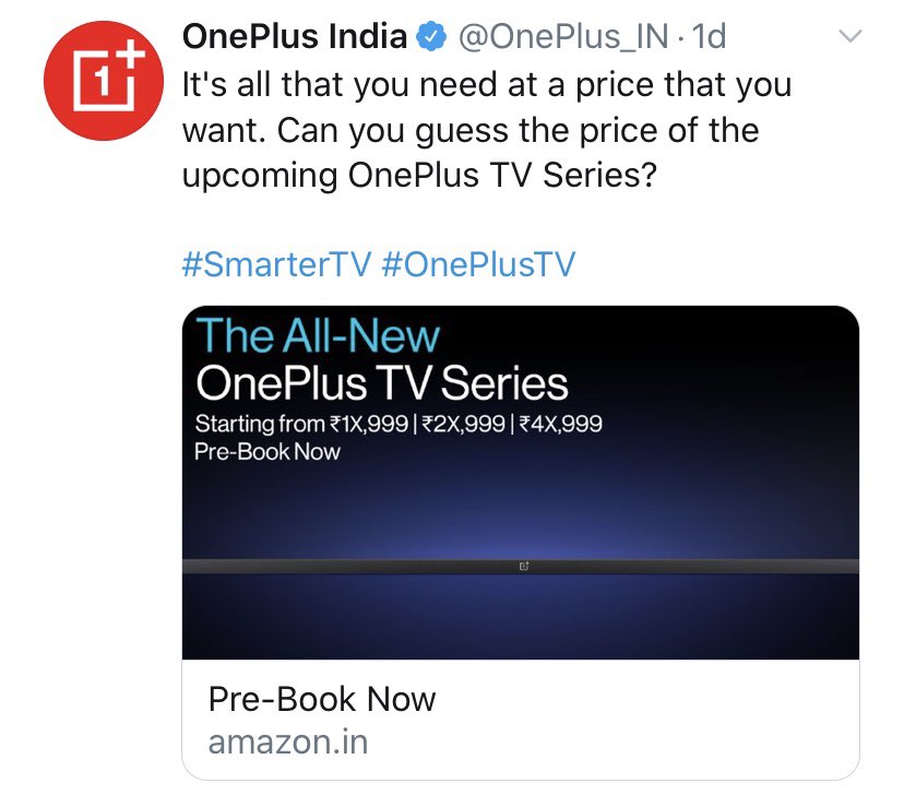 cyberstacktech's tweet image. OnePlus Teased The Pricing of its New Smart TV Lineup in India. 

Starting Price would be under ₹20k INR for the base model. 

Also its been rumours that the upcoming OnePlus TV maybe thinner than the OnePlus 8. 

Pre-Book is Now Available on Amazon.

#OnePlusTV #OneplusLeaks
