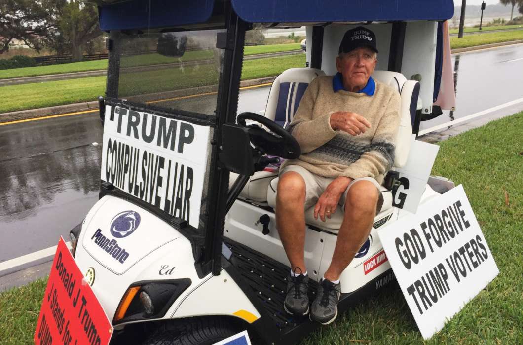 Ed got death threats. But it only made him more driven. He started taking his golf cart to high-traffic areas to protest 2 hours a day.He was a one-man protest in a community with an organized pro-Trump group.6/