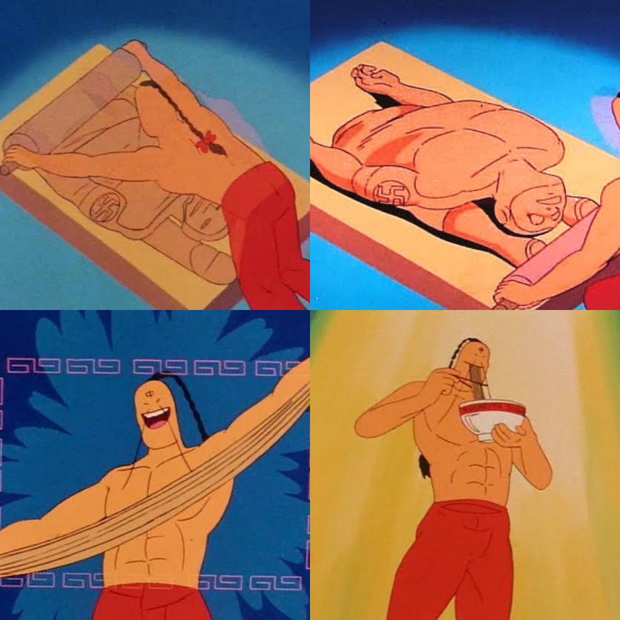 くろさわ 皆もラーメンマンがブロッケンをキャメルクラッチ で真っ二つにするシーン 左 が残虐すぎる理由から アニメ版では 麺棒で肉が柔らかくなるまで平たく伸ばされラーメンの麺として食べられる というカオスな処刑に変更され 全国の少年達が凍りつい