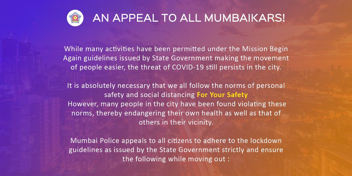 MumbaiPolice's tweet photo. As the city reopens in phases under the guidelines of the State Government, it has been observed that many are violating the norms.

We appeal Mumbaikars to act responsibly &amp; follow these guidelines at all times so that we can defeat COVID-19.

#UnlockResponsibly https://t.co/cj1aEr7nT1