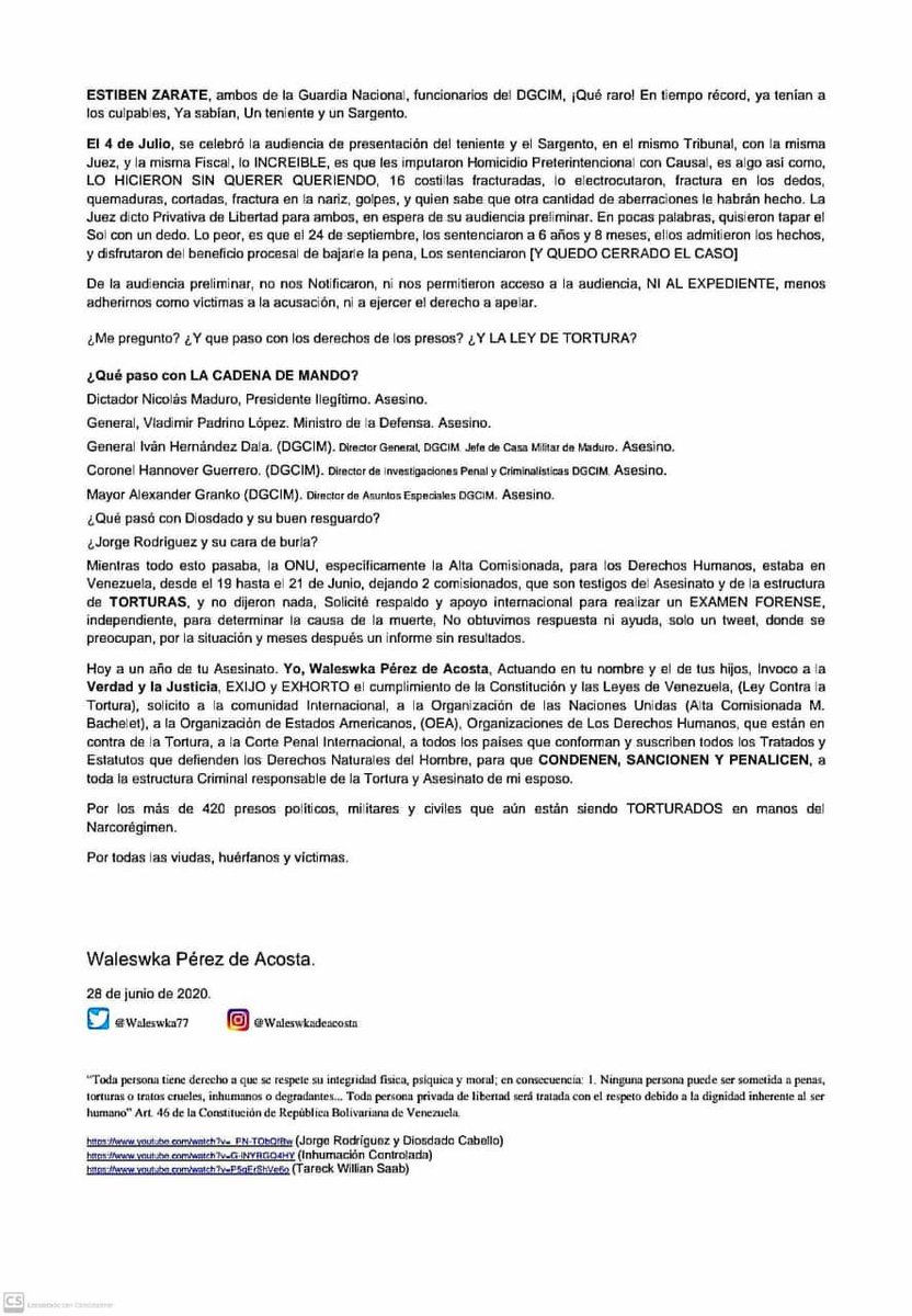 delsasolorzano's tweet photo. Carta de @waleswka77 viuda del  Cap. Acosta Arévalo, a un año del brutal asesinato de su esposo, a causa de las torturas que recibió en DGCIM de manos de esbirros de la dictadura.  #NoMasTorturas https://t.co/xh3Nk7wxrp