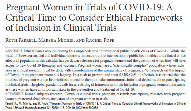 RMFarrell3's tweet photo. CDC announces that pregnant women may be at increased risk from COVID-19. Important news but why are we just learning this? @MarshaMichie, @drpope, and I discuss the clinical and ethical issues caused by delays in including pregnant women in COVID-19 research. Research is needed. https://t.co/MMBkqW6Xbp