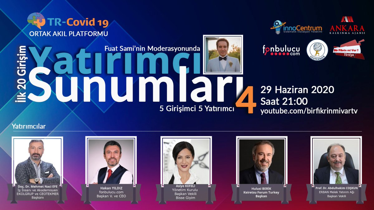 Türkiye Covid19 Ortak Akıl Platformu'nda girişim fikirlerinin hayata geçmesi için son adımdayız! Son 5 girişimcimiz 29 Haziran saat 21:00’da Girişimci-Yatırımcı Buluşmaları'nın dördüncü ve son bölümünde yatırımcılar ile bir araya geliyor. 

bit.ly/37NIqrr

 #TRCovid19