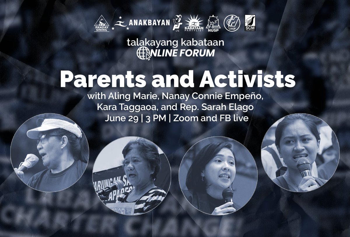 anakbayan_ph's tweet photo. Sumali sa online talakayan tungkol sa pagiging anak, magulang, at aktibista, “Parents and Activists” kasama sina Aling Marie, Connie Empeño, LFS Spokesperson Kara Taggaoa, at Kabataan Party-list Representative Sarah Elago!

June 29, 2020
3:00 PM via Zoom and Facebook Live https://t.co/RN7aqckJYC
