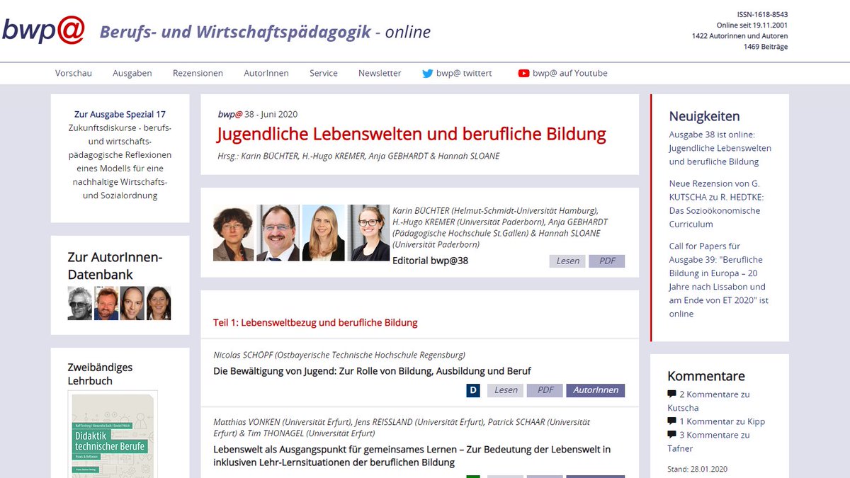bwpat's tweet photo. #bwpat Ausgabe 38 "Jugendliche Lebenswelten und berufliche Bildung" ist online: https://t.co/AvTb2BysM3. Gleich reinschauen lohnt sich: 19 neue Beiträge von 42 (!) Autor*innen, Hrsg: K. Büchter, H.-H. Kremer, A. Gebhardt &amp; H. Sloane: https://t.co/1Eh0p1RlwS https://t.co/WwH4wlIi1Z
