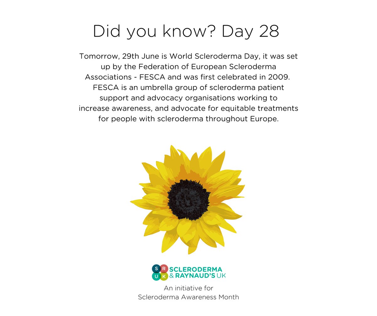 WeAreSRUK's tweet image. 🌻Did you know?
Every day this June, as part of Scleroderma Awareness Month we will be posting a "Did you know?" about scleroderma - you may already know them. Share with your community so everyone can learn! Keep the conversation going #KnowScleroderma #srukpassiton #sclerosmile