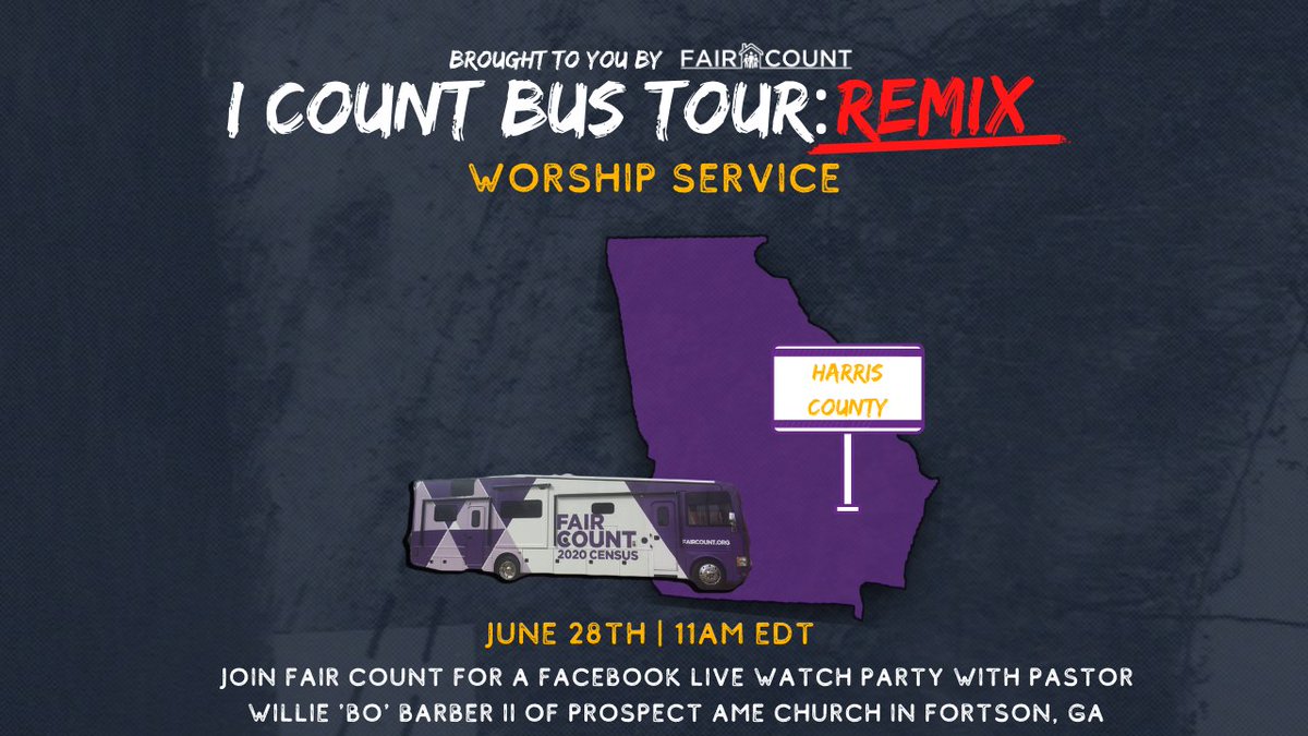 faircount's tweet photo. The bus is pulling up to church this morning❗
Join us @ 11AM EDT for a civic engagement centered worship experience this morning with Pastor Willie 'Bo' Barber II of Prospect AME Church in Fortson, GA on our Facebook live.
https://t.co/fyq9nspgpj
#BeInTheNumber https://t.co/sQTlLrYAAG