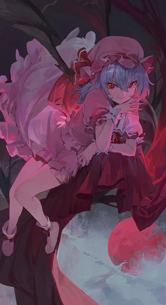 remilia scarlet 1girl solo hat wings red eyes mob cap bat wings  illustration images