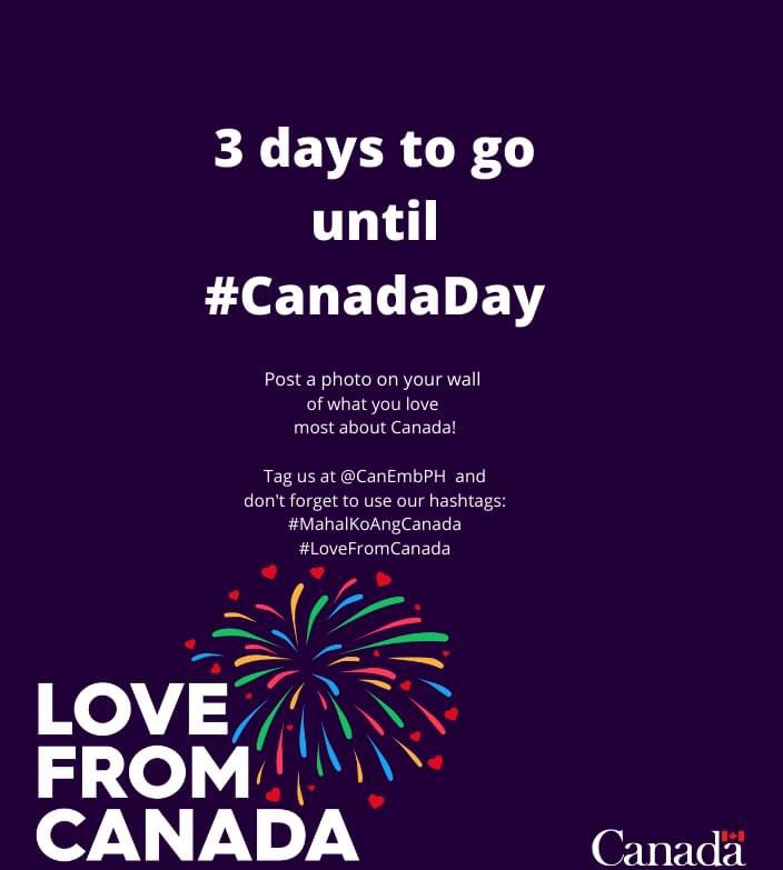 CanEmbPH's tweet photo. Three days to go before Canada Day!
You can still post a photo on your wall on what you love most about Canada.
Tag us @CanEmbPH and use our hashtags:
#MahalKoAngCanada #LoveFromCanada https://t.co/OXjH7DZPvx