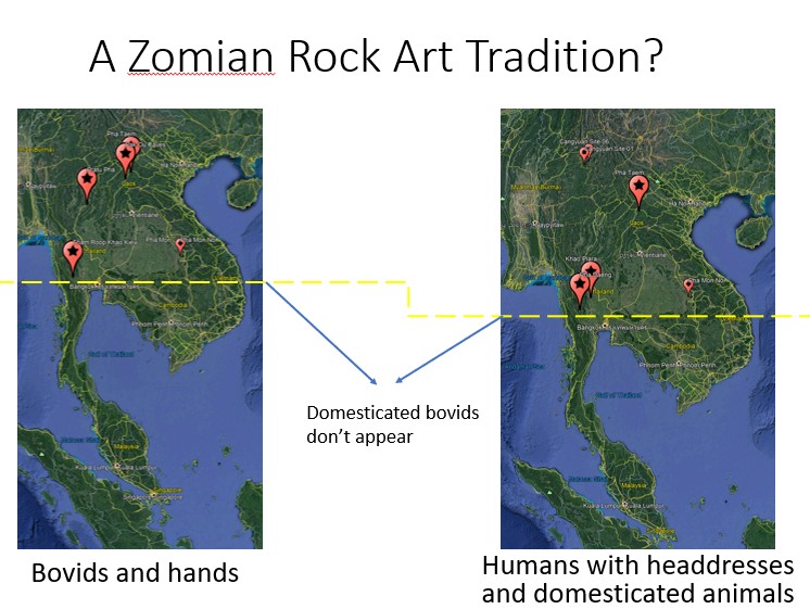 14/18 These two clusters of sites are located in Zomian (highland) Southeast Asia and also point out another intruiging pattern: there are no depictions of domesticated bovid outside of the highlands!Is this suggestive of a Zomian rock art style?