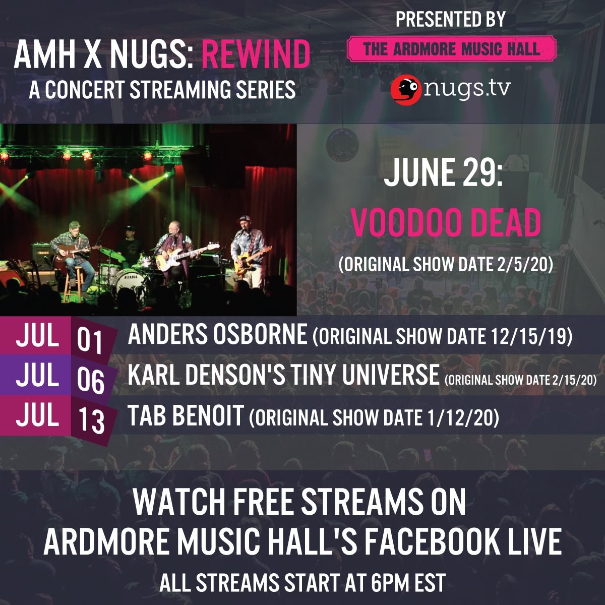 ArdmoreMusicPA's tweet photo. COMING SOON ๐โก๏ธ๐ผ #VoodooDead's 2/5/20 show is next in the #Rewind queue for Monday with @Anders_Osborne, @KarlDenson and @TabBenoitLA right behind! @nugsnet @foundersbrewing @KimockMusic #Nugs #ArdmoreMusicHall #PhillyMusicScene https://t.co/dG2kfe0ecM
