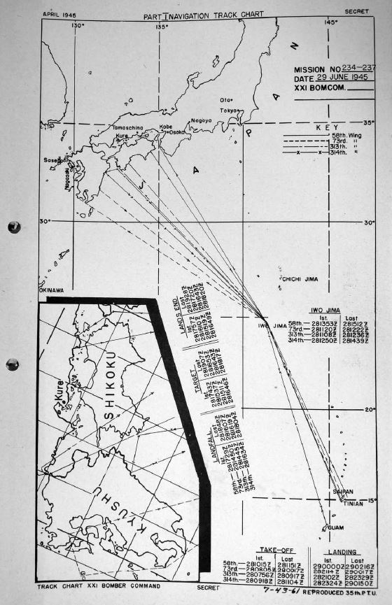 Including Okayama, the B-29s taking off from the Mariana Islands brought destruction and death to Sasebo, Moji, and Nobeoka. Here’s a map - from the Command’s Tactical Mission Report 234-7 - showing routes to and from the targets.