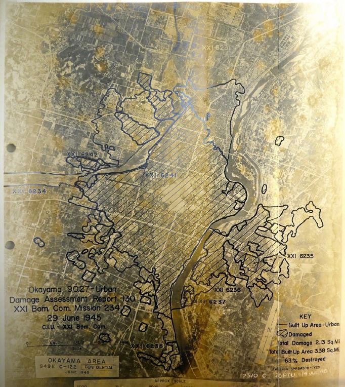This was the 3rd of 16 bombing runs that destroyed most of Japan’s smaller cities between mid-June and the penultimate day of the war. Here’s a map showing the results of burning 63% of Okayama’s built-up area (2.13 square miles).