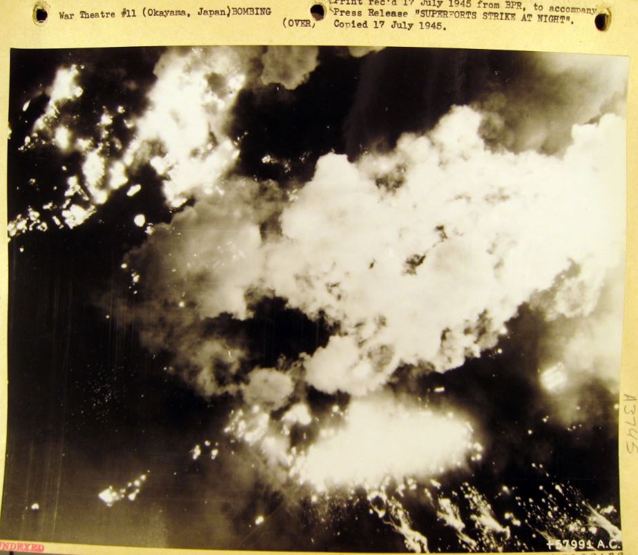 Also, ensuing B-29s met so much turbulence/smoke due to fires raging below that they had difficulty releasing their own incendiaries. The Command made note and changed bombing altitude for subsequent cities to be destroyed. Here’s a (poorly digitized) photo of Okayama aflame.