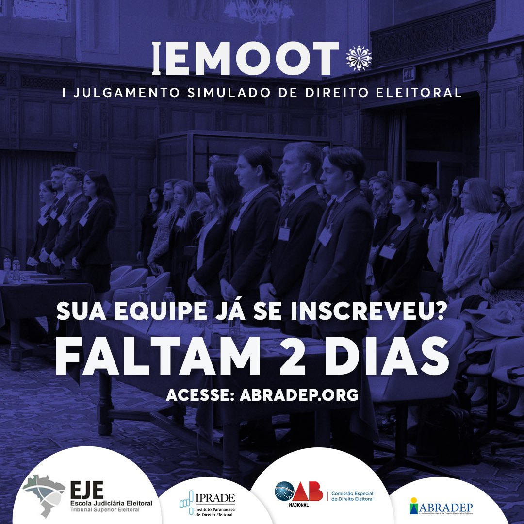 AbradepO's tweet photo. Faltam dois dias para finalizar as inscrições do I Julgamento Simulado em Direito Eleitoral no âmbito nacional!

Não deixem para última hora, ainda dá tempo de se inscrever!

Confiram o edital através do link: https://t.co/QLpI93xyn6

#AbradepRealiza #Emoot https://t.co/8FwlgIhNIw