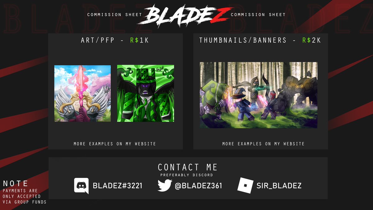 bladez361's tweet photo. COMMISSIONS ARE NOW OPEN!
If you need more examples or question about an order contact me.

Please check my status if my commission are open or closed.

| #Roblox | #RobloxDev | #RobloxGFX | #RobloxLogos | #RobloxArt | #RBXDev https://t.co/5tAkaoAhrw