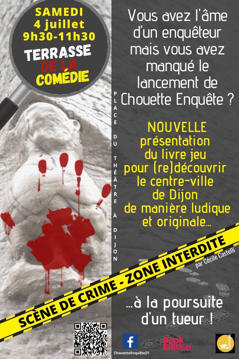 Nouveau RDV à La Comédie samedi 4/07 à 9h30 avec Chouette Enquête, un #parcours à la #Sherlock #Holmes pour (re)découvrir le centre-ville de #Dijon de manière ludique et originale ! Venez écouter le #briefing et partez sur les traces du #tueur d'Alex Corton !