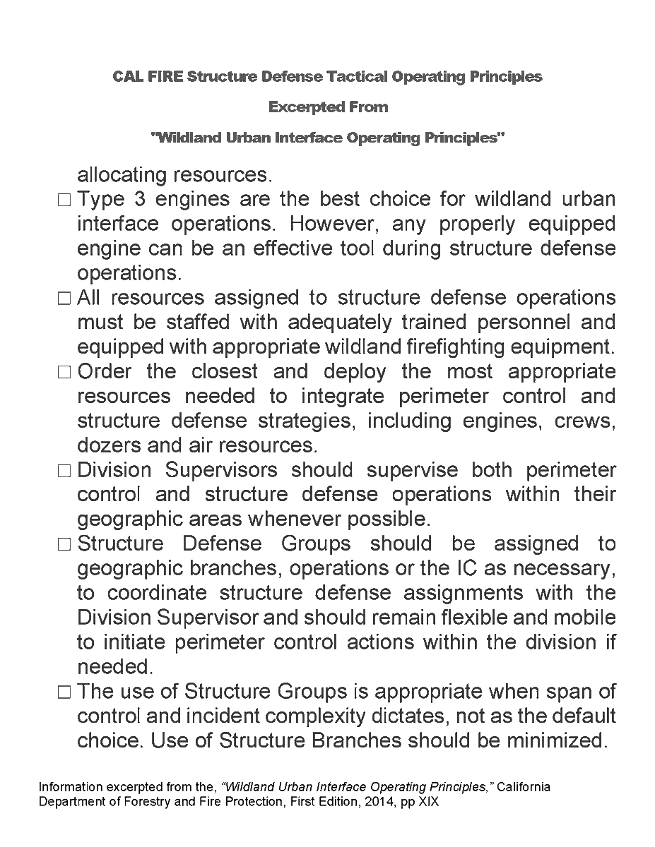 JhawkFire's tweet photo. @CAL_FIRE #StructureDefense #TacticalOperatingPrinciples from book, "WildlandUrbanInterfaceOperatingPrinciples" intended 2 guide CAL FIRE ICs who are chargd w/defending structures during wildland fire ops & compliment book developed by #CaliforniaWildfireCoordinatingGroup #CWCG. https://t.co/eaR95FdAS3
