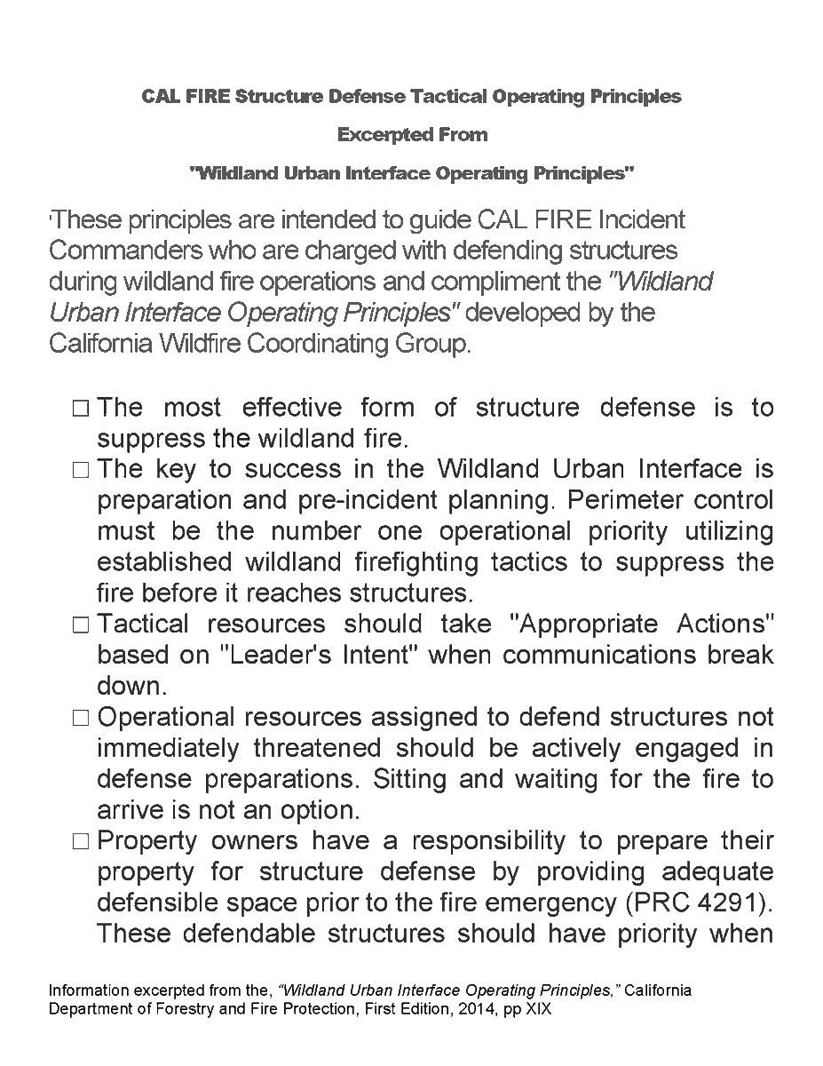 JhawkFire's tweet photo. @CAL_FIRE #StructureDefense #TacticalOperatingPrinciples from book, "WildlandUrbanInterfaceOperatingPrinciples" intended 2 guide CAL FIRE ICs who are chargd w/defending structures during wildland fire ops & compliment book developed by #CaliforniaWildfireCoordinatingGroup #CWCG. https://t.co/eaR95FdAS3