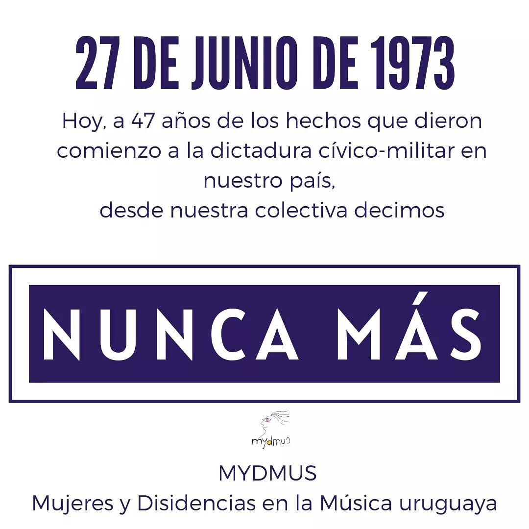 Mujeres y Disidencias en la Música Uruguaya (@mydmus) on Twitter photo Ayer nuestro país recordó que han pasado 47 años del Golpe de Estado dado en 1973, Mujeres y Disidencias de la Música Uruguaya (MYDMUS) también lo recuerda y dice NUNCA MÁS!!! 💜✊🏽💟 Ayer nuestro país recordó que han pasado 47 años del Golpe de Estado dado en 1973, Mujeres y Disidencias de la Música Uruguaya (MYDMUS) también lo recuerda y dice NUNCA MÁS!!! 💜✊🏽💟