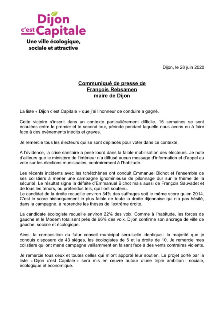 🔴 La liste « Dijon c’est Capitale » que j’ai l’honneur de conduire à gagné ⬇️ #electionsMunicipales2020 #Dijon