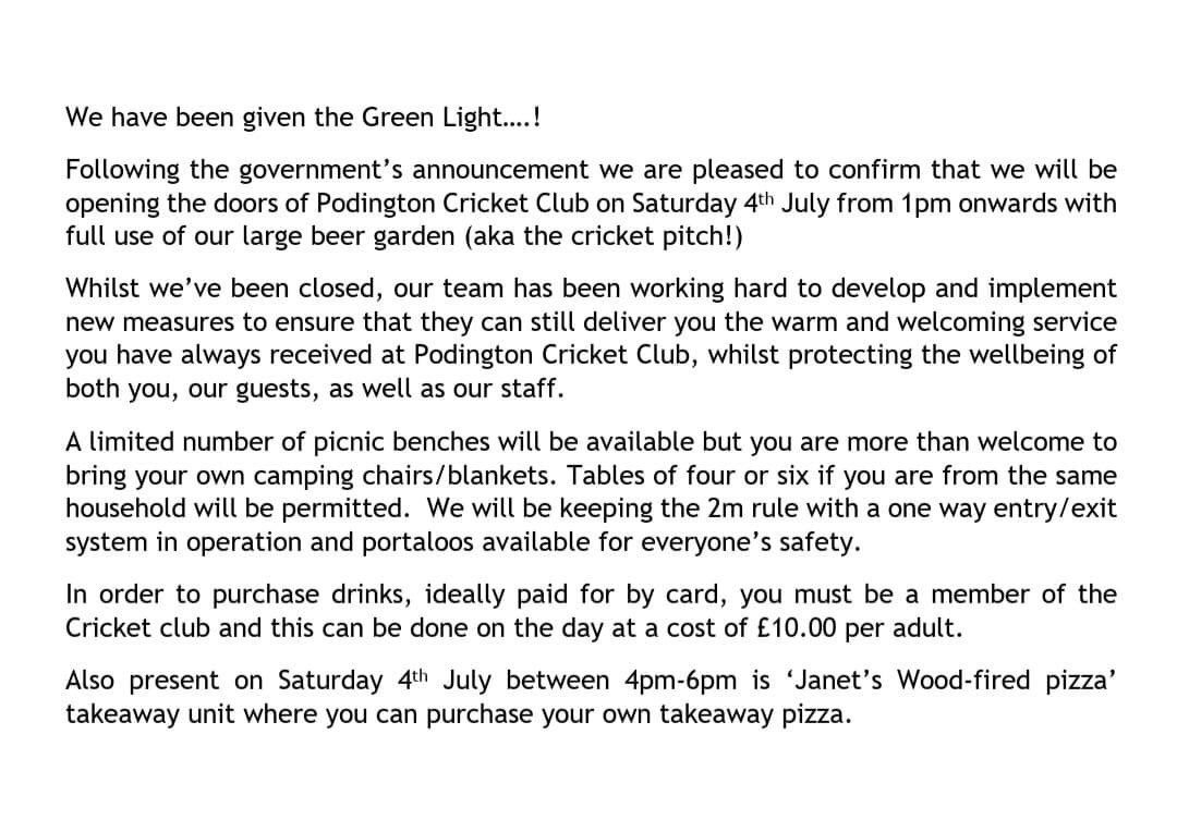 PodingtonCC's tweet image. Very exciting news! We're open from the 4th July for socially distanced beers and pizza 🍻🍕 #ilovepod #beergarden